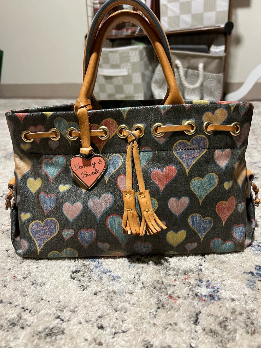 Dooney & Bourke Multicolor Heart Print Satchel with Tan Leather Trim
